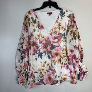 Vince Camuto Blouse Women's L Floral Semi-Sheer V-Neck 3/4 Sleeve Gold Shimmer‎